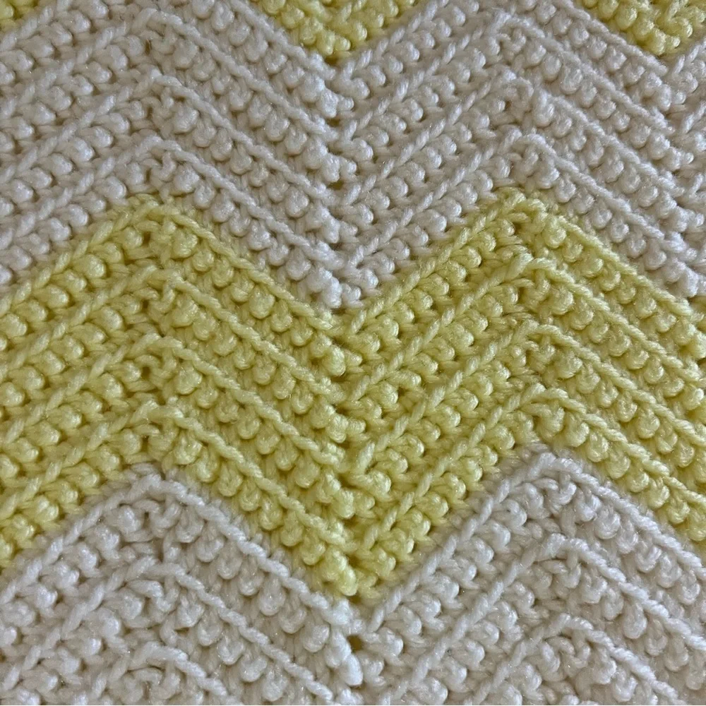 Vintage Handmade Crochet Knit Afghan Yellow And White Chevron